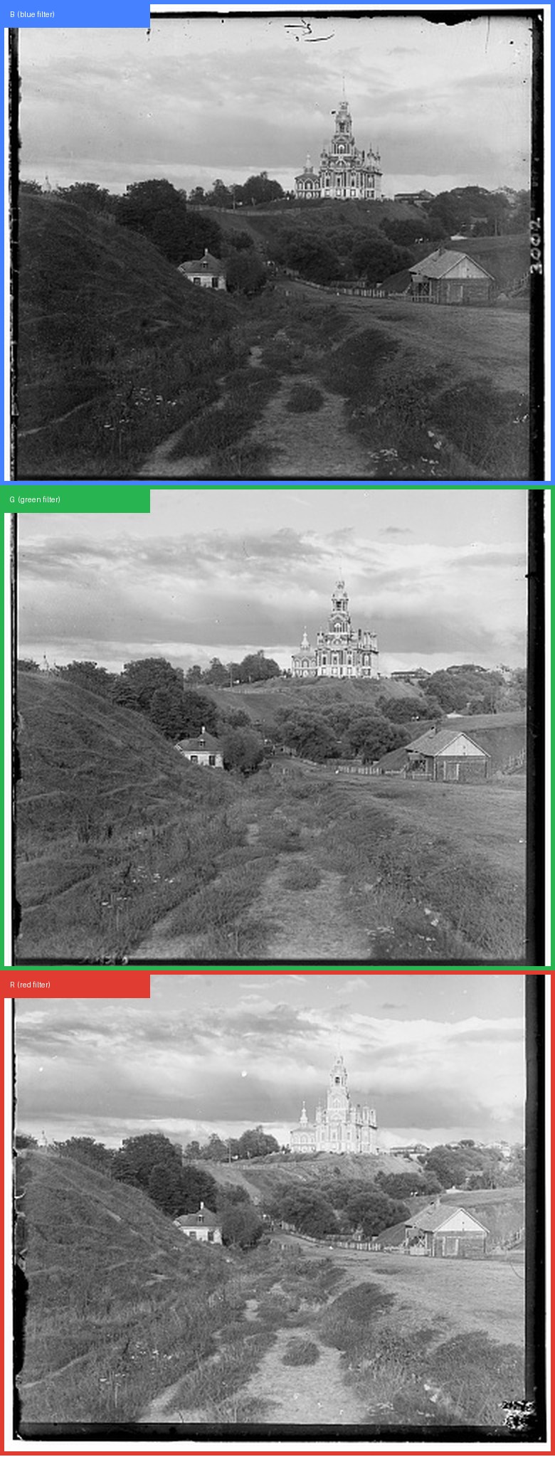 A glass plate scan divided into its blue, green and red thirds