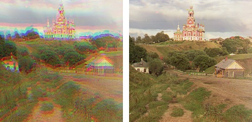 Left: channels stacked with no alignment, heavy color fringing. Right: after alignment, clean.