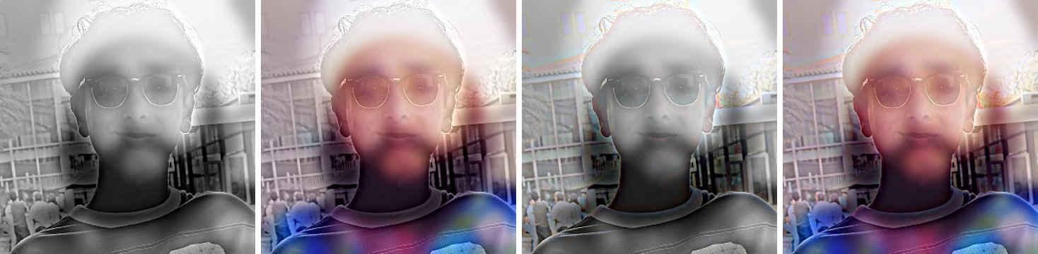 Left to right: all gray, color only in the far (low) image, color only in the near (high) image, color in both.