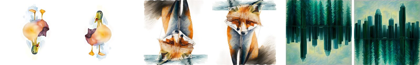 Each pair shown upright then upside down: flowers / duck, sailboat / fox, forest / city skyline.