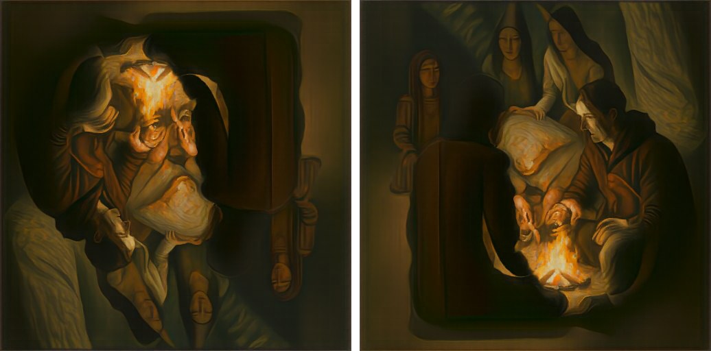 Left: "an oil painting of an old man". Right: the same image upside down, "an oil painting of people around a campfire".