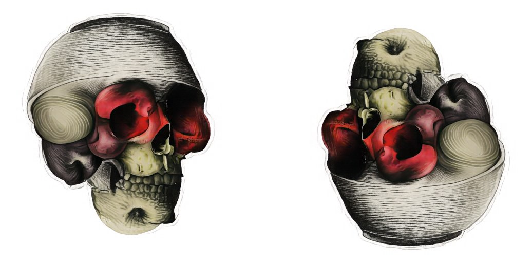 Upright: a skull. Upside down: a bowl of fruit.