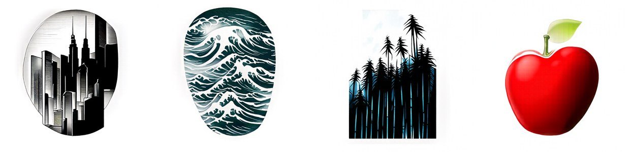 Far / near: skull / city at night, smiling face / ocean waves, panda / bamboo forest, apple / crowd of people.