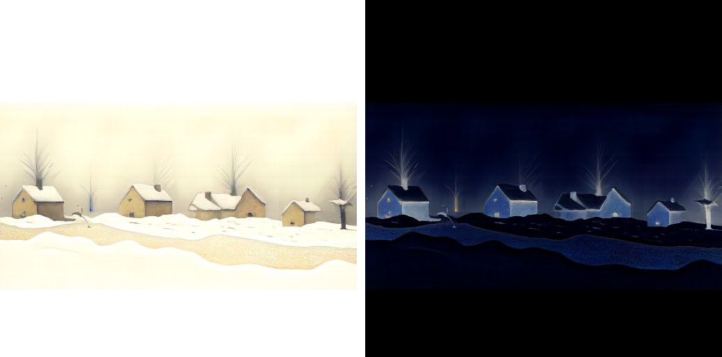 Left: "an oil painting of a snowy village". Right: the same image with its colors inverted, "an oil painting of a starry night sky".