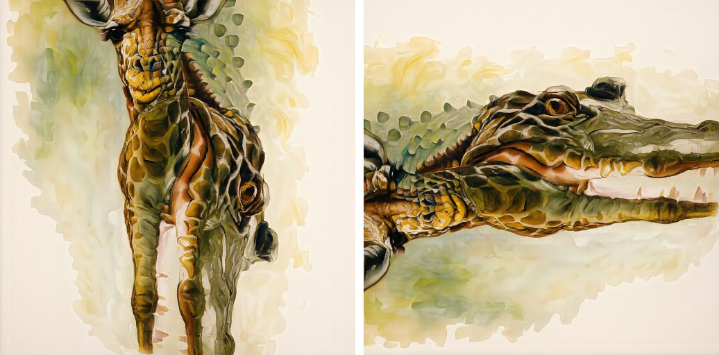 Left: "an oil painting of a giraffe". Right: the same image turned 90°, "an oil painting of a crocodile".